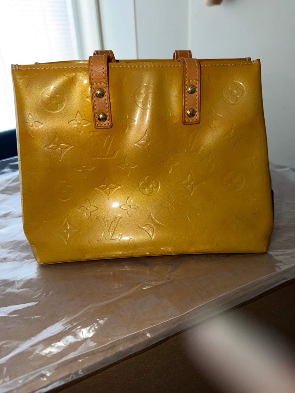 Louis Vuitton Yellow Monogram Vernis Top-Handle Tote authentic